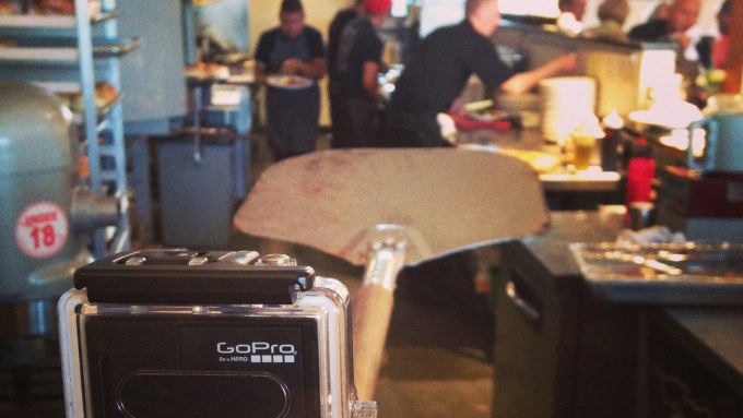 GoPro camera going into an oven at Katie's Pizza and Pasta